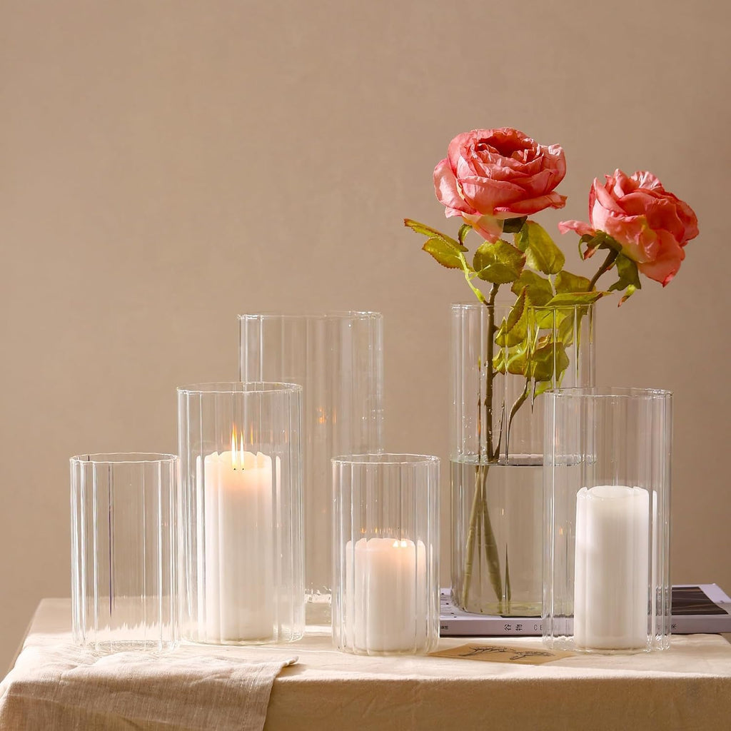 yshengood 6 Pcs Glass Hurricane Candle Holder Ribbed Glass Candle Holder - Elegant & Easy to Use, Perfect for Wedding, Holiday, Party Decor, Home and Event Essential