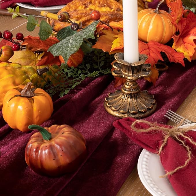 Burgundy Velvet Table Runner Fall Thanksgiving Red Table Runner 20 x 120 Inch Luxurious Elegant Velvet Fabric Friendsgiving Table Decorations for Christmas Dinner Wedding Bridal Baby Shower