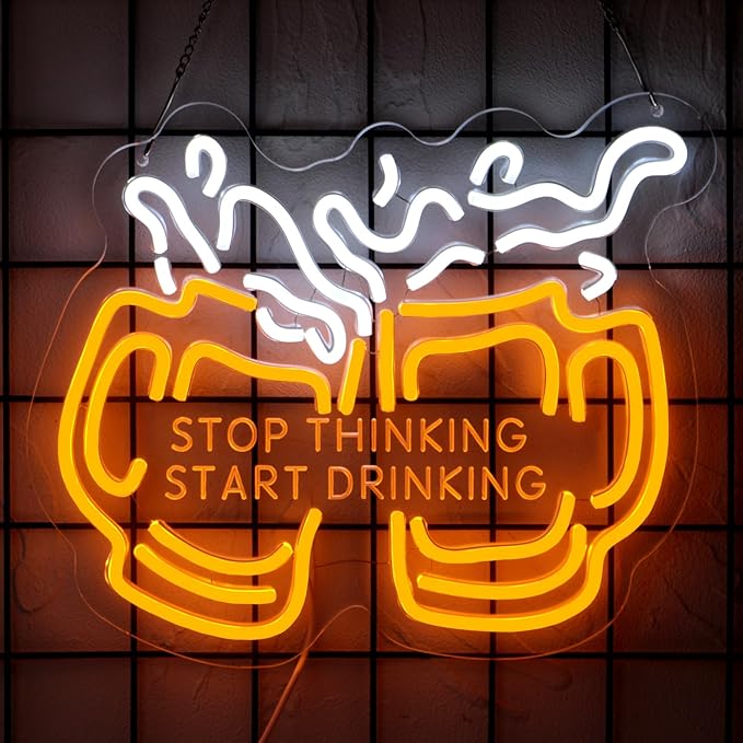 Stop Thinking Start Drinking Neon Sign for Wall Decor, Dimmable Two Beers Cheers Neon Lights with USB Powered Light up Sign for Home Bar Man Cave Party Club Restaurant