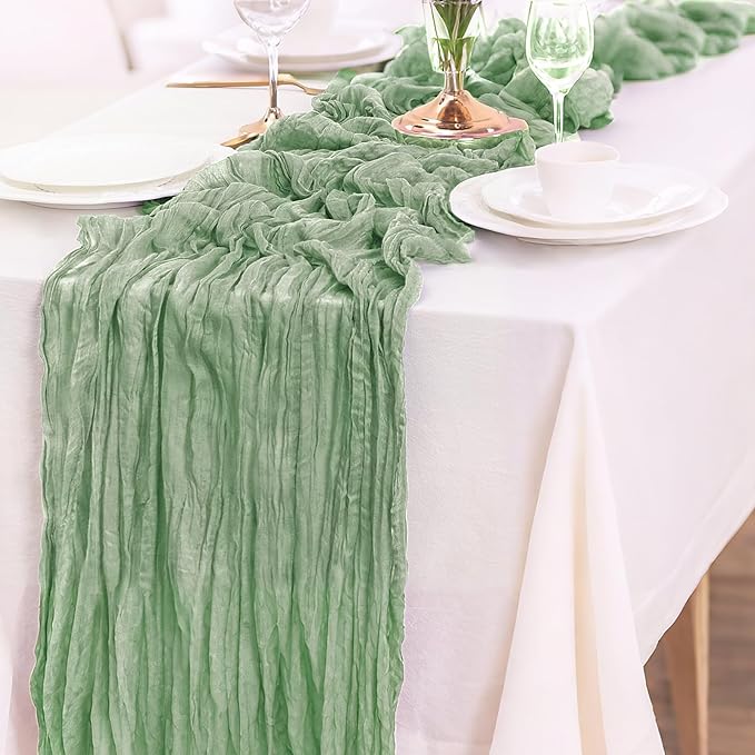 10-Pack Sage Green Cheesecloth Table Runners – 10FT (35x120 Inch) Boho Rustic Gauze Fabric Cheese Cloth Table Runner for Weddings, Baby Showers, Bridal Shower, Farmhouse & Birthday Party Decor