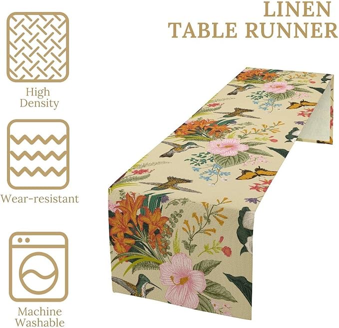 Brown Bird Floral Table Runner Spring Flower Kitchen Table Decoration Suitable for Family Dinner Decoration 13x120 Inch