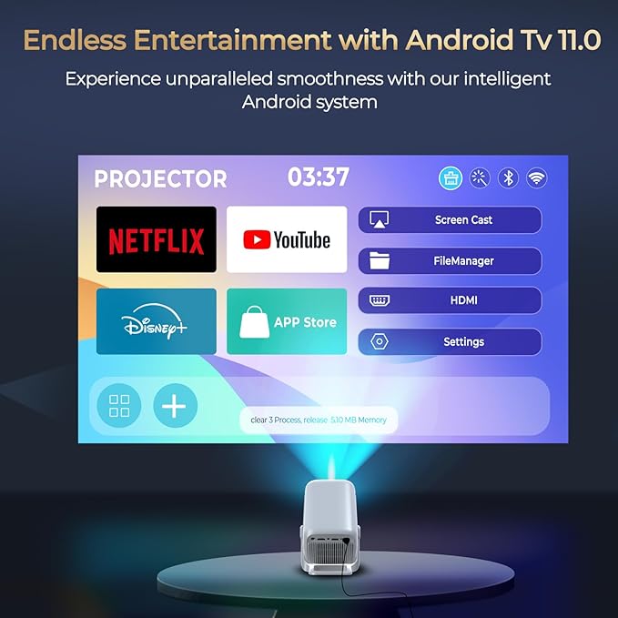 WEMI Native 1080P Smart Mini Projector with WiFi 6 Bluetooth 5.4, Full HD 4K Support Auto Focus&Keystone, Built-in Stereo Speakers Android OS, Portable Movie Projector for iPhone Netflix Home Theater