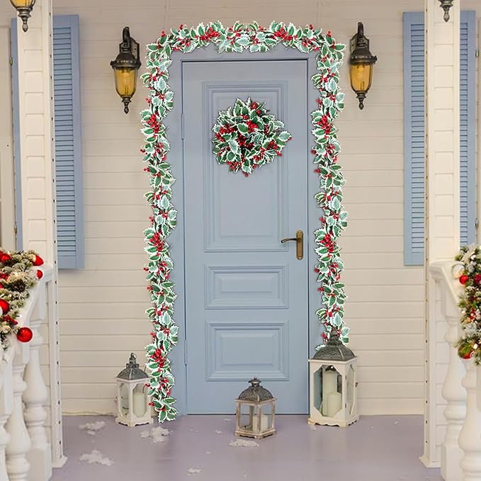 MAKHOT 6Ft Eucalyptus Garland, Green Leaves Wreath Vines Garlands Decorations, Artificial Red Berry Garland for Fireplace Gate Mantle Table Home Party Decor