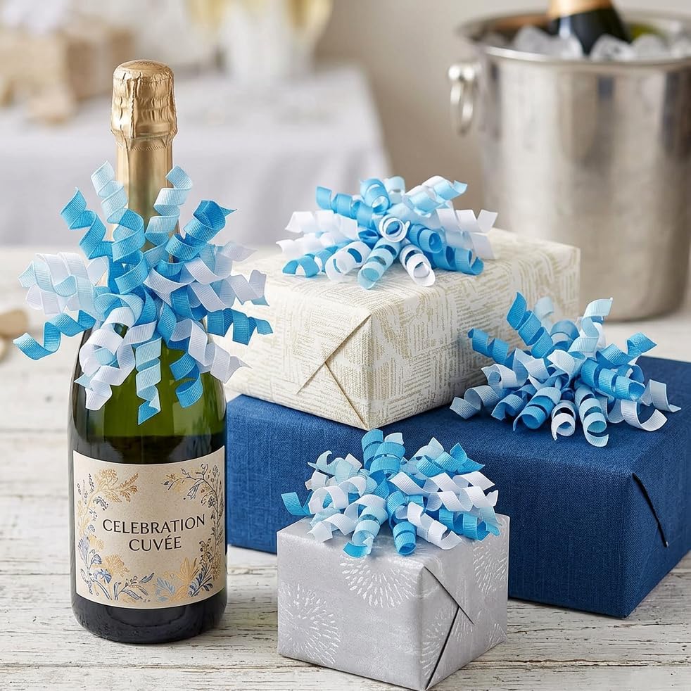 6PCS Blue Self-Adhesive Curly Bows, 6" Pre-Made Bows for Gift Wrap, Grosgrain Ribbon Bow for Basket Decoration, for Champagne, Present Bow for Birthday, Party, Anniversary (Mix Blue, 6 inches)