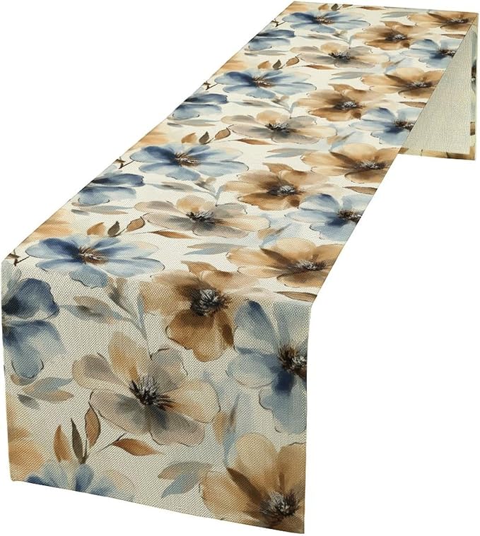 Poppy Floral Table Runner, Watercolor Brown Blue Flowers Blossom Summer Nature Table Runner for Kitchen Dinning Table Runner Decor Home Wedding Party Holiday, 13x36 Inch