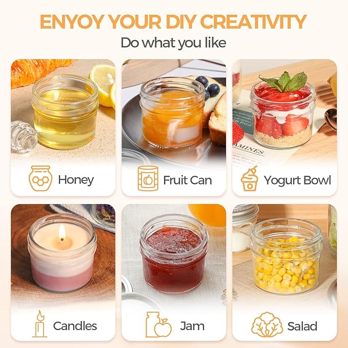 ComSaf Small Regular Mouth Mason Jars 4 oz, 24 Pcs Mini Mason Containers, Small Canning Jars, 4 oz Glass Jar with Lids for Mustards, Dipping Sauces, Jelly, DIY Candle Decor, Wedding Shower Favors