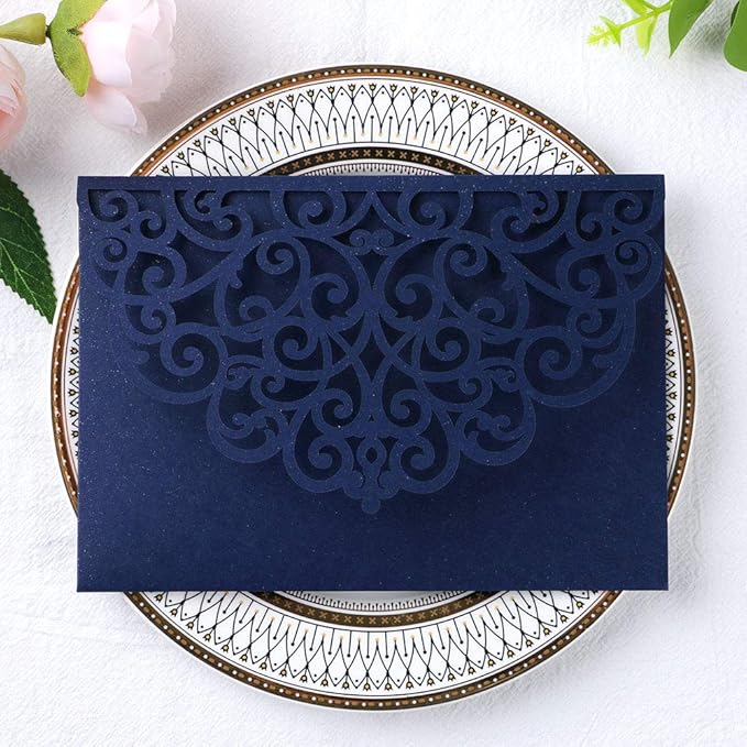 PONATIA 5.12 x 7.2 Laser Cut Invitation Pocket, 20PCS Tri-Fold 5 x 7 Laser Cut Wedding Invitation Pockets with Envelopes for Wedding Bbay Shower Birthday Sweet 16 Invite (Navy Blue, No Inner Sheet)