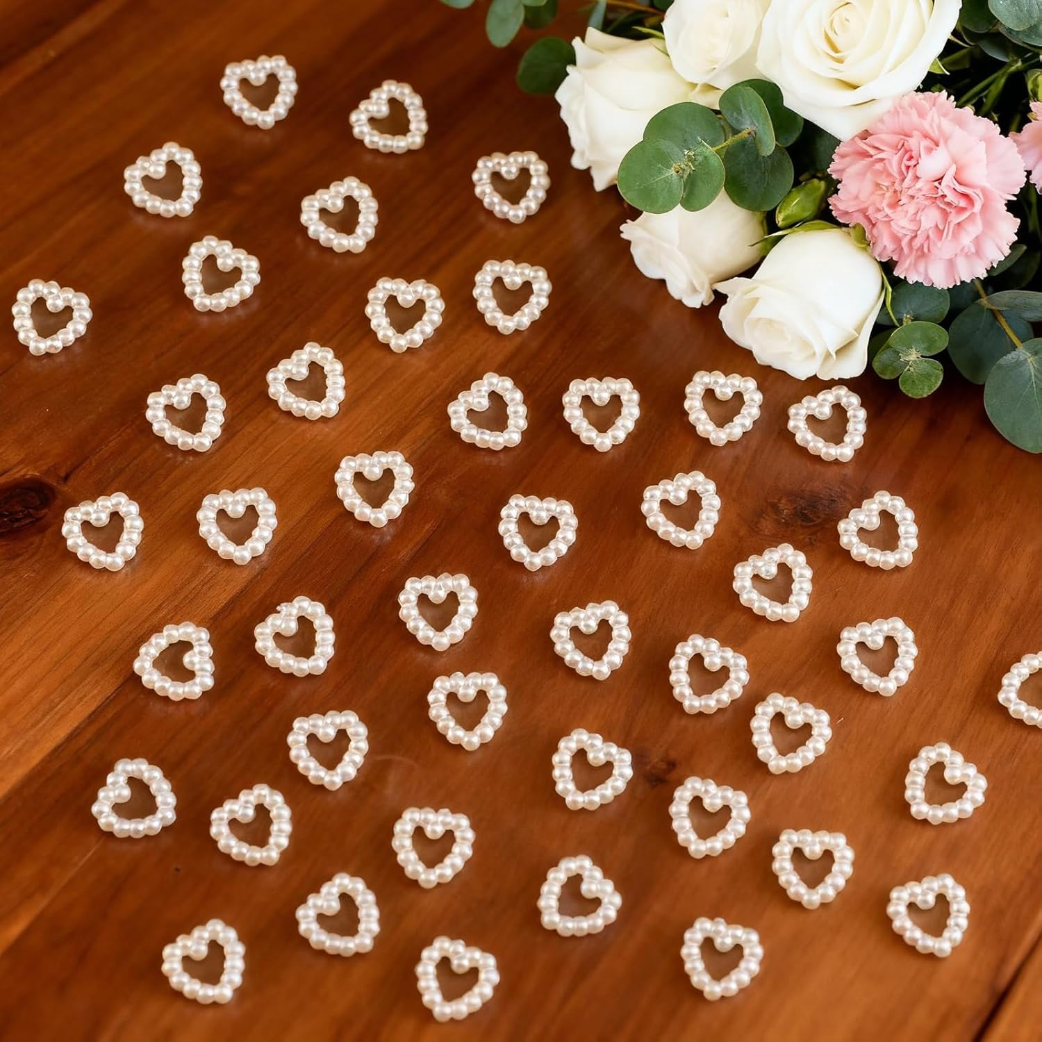 500 Pcs Pearl Heart Table Scatter Confetti Wedding Pearl Heart Plastic Faux Bead Charm Table Scatter Decoration for DIY Craft Nail Wedding Party Cake Bridal Shower Decorations, 0.39 x 0.47''