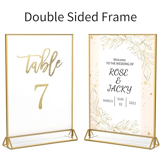 NIUBEE 6Pack 5 x 7 Clear Acrylic Wedding Table Number Holder Stands with Gold Borders, Double Sided Picture Frames Sign for Restaurant Menu Recipe Cards Photo Display
