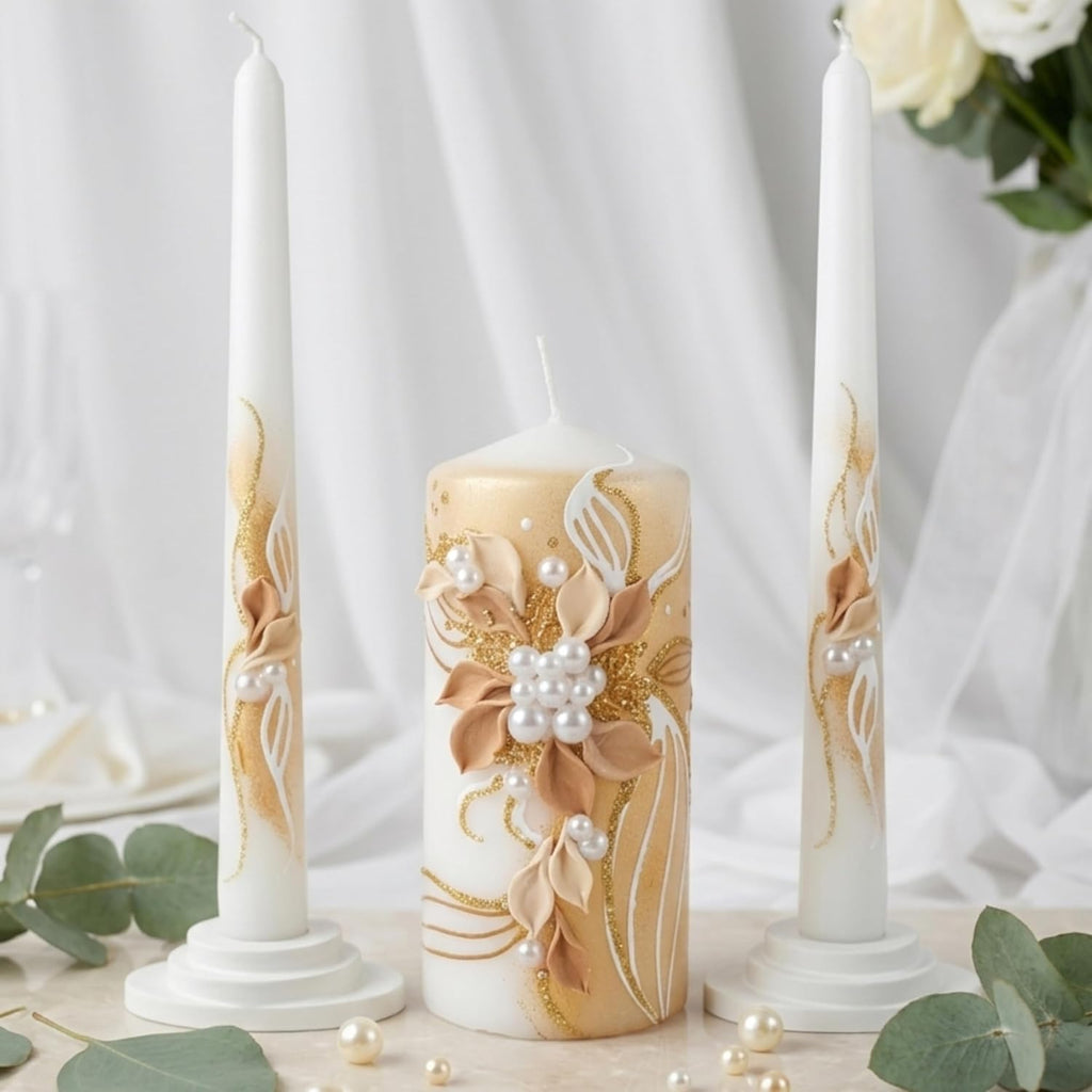 Unity Candle Set for Wedding Ceremony – 6” Pillar & Two 10” Taper Candles – Long Burning Wedding Unity Candles for Reception Marriage Ritual & Home Decor - Handmade in USA – White | Gold