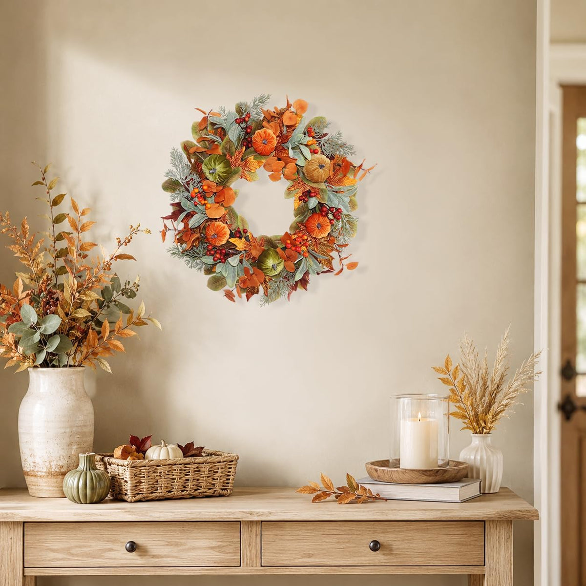 20 Inch Pre-Lit Pumpkin Fall Wreath for Front Door, 30 White LEDs
