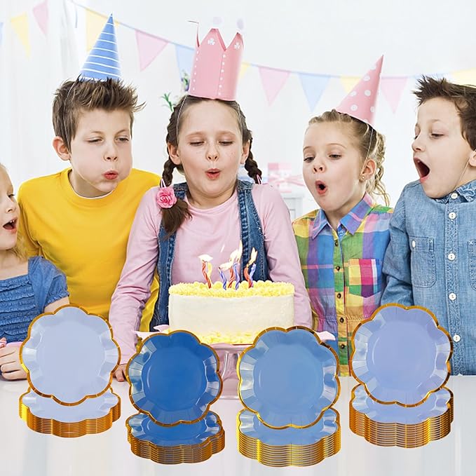 48Pcs Light Blue Scalloped Party Plates - 7inch Gold Foil Gradient Blue Dessert Paper Plate Disposable Cake Plates for Birthday Bridal Baby Shower Wedding Party Decorative Supplies