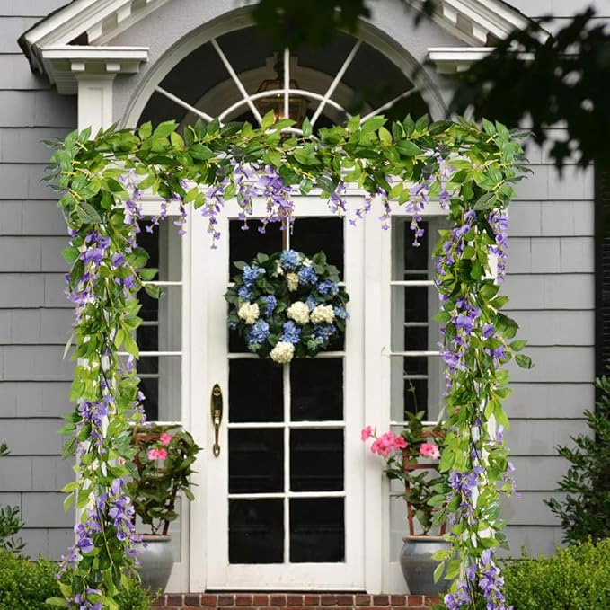 DearHouse 4Pcs 6.6Ft/Piece Artificial Flowers Silk Wisteria Garland Artificial Wisteria Vine Rattan Silk Hanging Flower for Home Garden Outdoor Ceremony Wedding Arch Floral Decor(Light Purple)