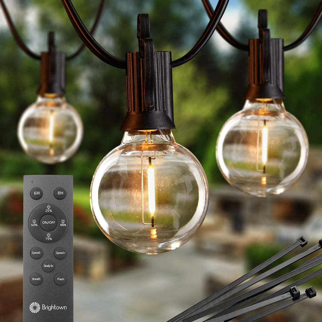Brightown Outdoor String Lights, 58FT 25 Shatterproof LED Bulbs with Remote and Zip Ties, Waterproof Dimmable Patio Hanging Lamps for Porch, Balcony, Bistro, Cafe, Deck, Backyard