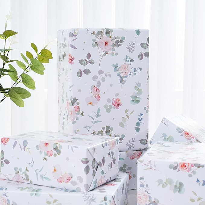 Ulmasinn Floral Wrapping Paper Roll - 17 Inches x 33 Feet - Vintage Romantic Rose Flower Gift Wrap with Cut Lines for Wedding, Birthday, Bridal Shower, Mother’s Day