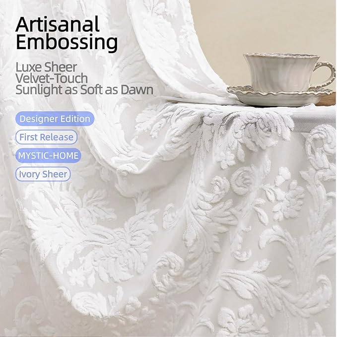 Sheer Curtains 84 Inch Length for Living Room & Bedroom Rod Pocket Boho Farmhouse Drapes with Scroll Floral Patterned 3D Flocked Texture & Rococo Motifs White Sheer Curtain Set of 2 Panels 52"W*84"L