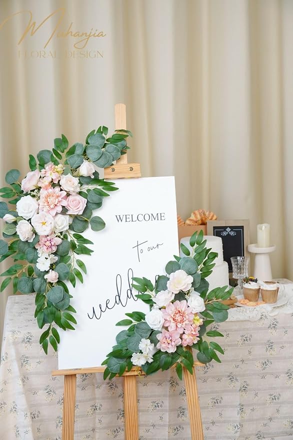 Wedding Sign Faux Flower Swag (Pack of 2) for Ceremony Party Reception Entrance Floral Decor Wall Easel Stand for Wedding Poster Welcome Sign (Pink)