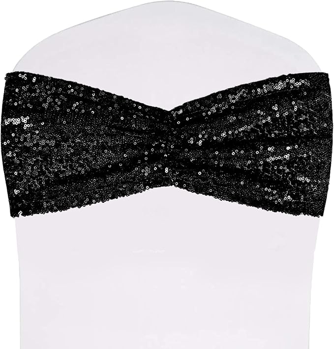SquarePie Pack of 100 Chair Sashes Sparkly Black Sequin Bands for Wedding Party Banquet Home Decor