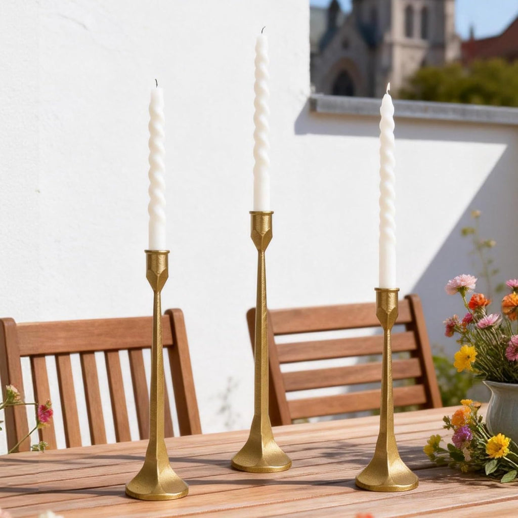 Gold Iron Taper Pillar Candle Holders Set of 3, Candlestick Holders Rustic Vintage Decorations, Tall Candle Stand for Home Decor Mantle Dining Coffee Table Outdoor Wedding-11.8"+13.8"+15.4"