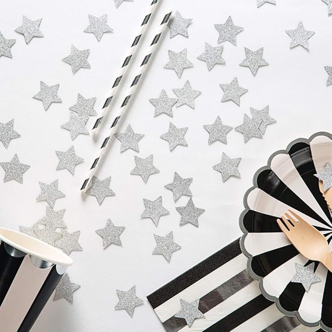 MOWO Glitter Star Confetti Wedding Party Decor and Table Decor 1.2’’ in Diameter (silver glitter,200pc)