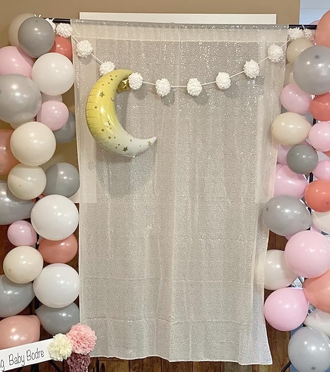 ShinyBeauty Sequin Fabric Backdrop 4FTx7FT - Ivory Sequin Drapes Sparkle Glitter Shimmer Background for Photoshoot & Birthday Party