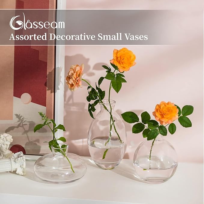 Glass Bud Vase for Centerpieces, 6Pcs/2Sets Glasseam Modern Clear Mini Small Vases for Flowers Bulk Flower Vase Set Aesthetic Cute Handmade Tiny Short Wedding Table Centerpiece Decor
