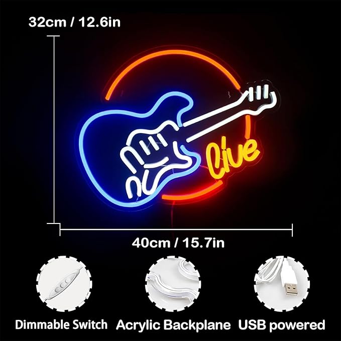 Wanxing Live Music Neon Signs Guitar Shape LED Signs Game Art LED Neon Signs for Wall Decor Studio Neon Light Signs USB Powered Switch Lights Up Sign for Party Lover Girl Boy(Colorful Guitar Live)