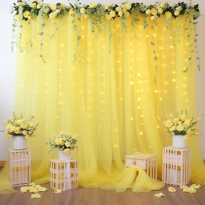 10×10ft Yellow Tulle Backdrop Curtain with Lights String for Parties, Sheer Curtain Backdrop Drapes for Wedding Party Photography Background