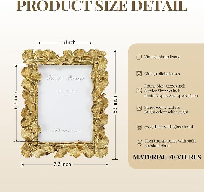 Cuspin 5x7 Picture Frame Vintage Gold Frames, Ornate Leaf Textured Hand-Crafted Resin with Glass Front, Gold Picture Frames for Tabletop Display, Retro Design Home Decor