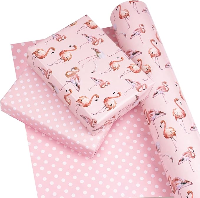 WRAPAHOLIC Reversible Flamingo Wrapping Paper - Mini Roll - 17 Inch X 33 Feet - Pink Flamingo Birthday Wrapping Paper Tropical Hawaii Design for Birthday, Holiday, Wedding, Baby Shower