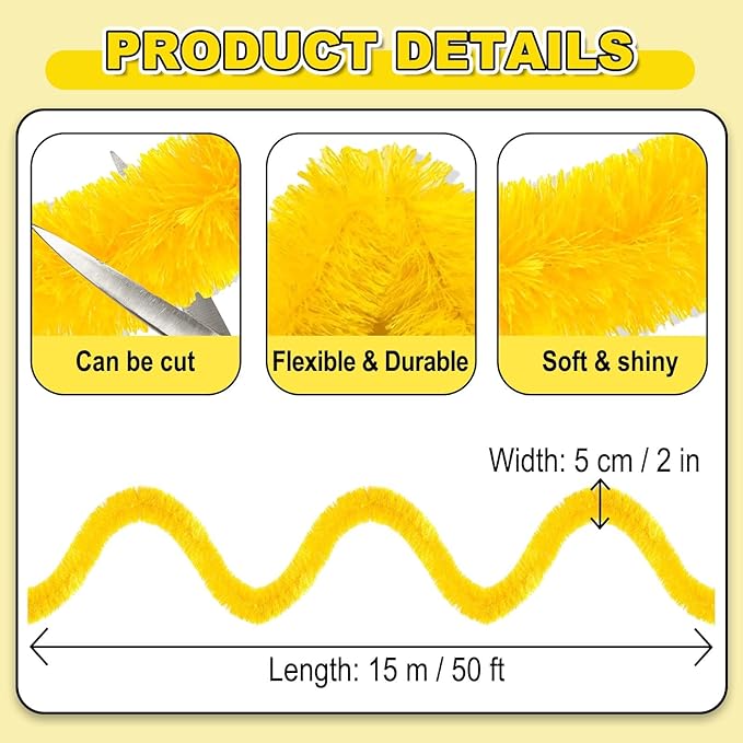50 Feet Christmas Foil Fringe Banner Metallic Tassle Garland Metallic Backdrop Parade Floats Shiny Hanging Ceiling, Valentine's, Wedding, New Year Party Decorations(2" x 50', Macaron Yellow)