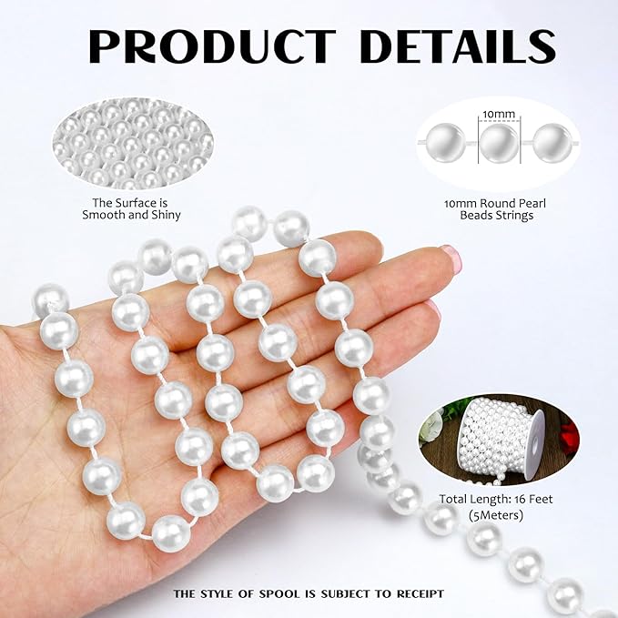 16 Feet 10mm Pearl Strings Garland for Crafts, Artificial Pearl Beaded Trim Chain Roll Strands for Wedding Centerpieces Bouquet Party Decoration Christmas Tree Garland, White