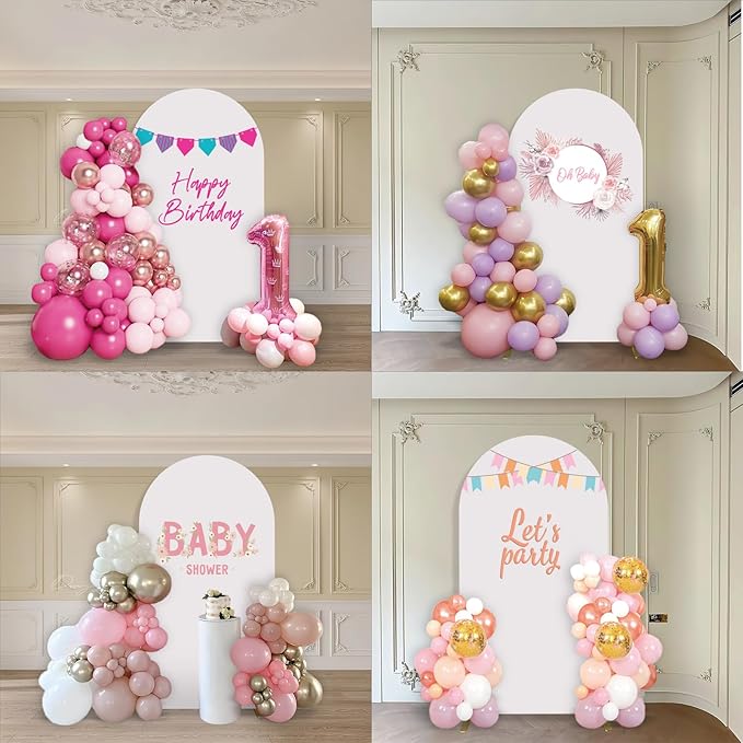 Metal Arch Backdrop Stand and Cover Set, 7.2FT White Reusable Spandex Fitted Backdrop Cover and Gold Wedding Arch Frame for Baby Shower, Birthday, Parties Decoration.
