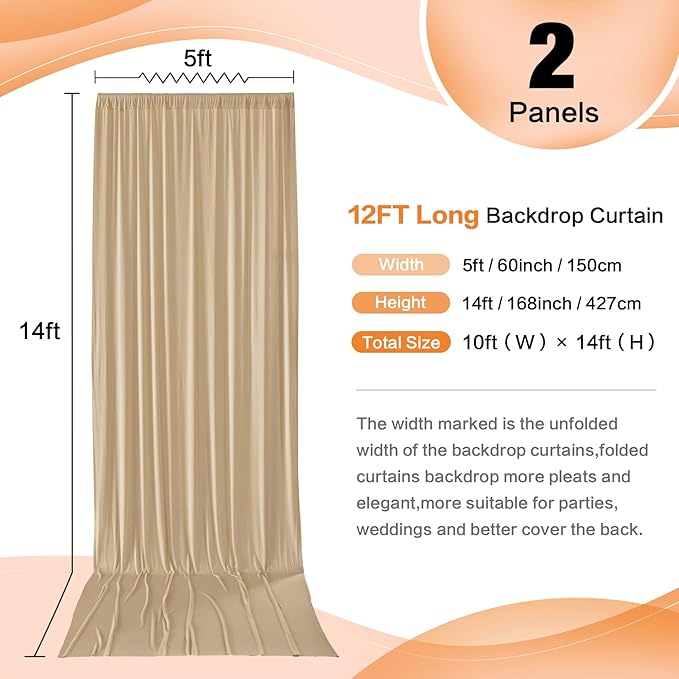 10×12 ft Wrinkle Free Beige Backdrop Curtain for Weddings Parties, 2 Panels 5×12ft Long Silky Polyester Photo Backdrop Drapes for Birthday Baby Shower Photography Background Cloth