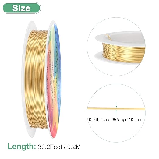 0.4 mm/26 Gauge Copper Wire for Jewelry Making, 30.2FT Copper Beading Craft Wire for Jewelry/Weaving/DIY Crafting/Planting, Color-Retaining [9.2M, KC-Gold]