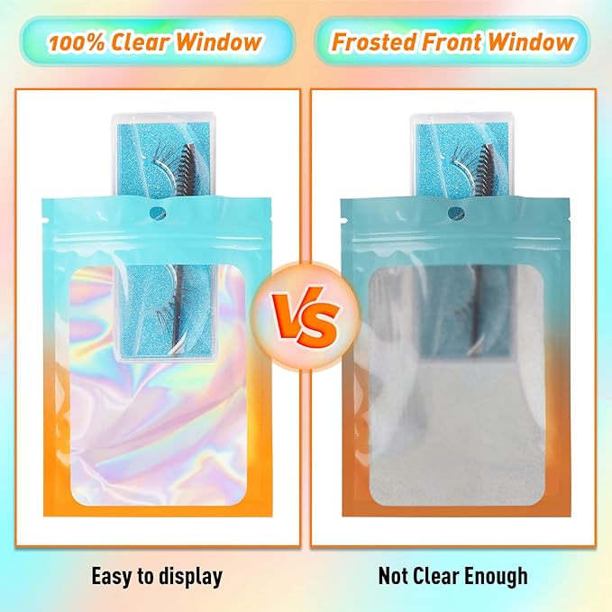 Funfery 100 Pack Gradient Holographic Bags,Resealable Mylar Bags with Zipper,Clear Window Packaging Pouch,Foil Smell Proof Bags for Food Storage,Sample Jewelry Baggies(3.1×5.1in,Blue Orange)