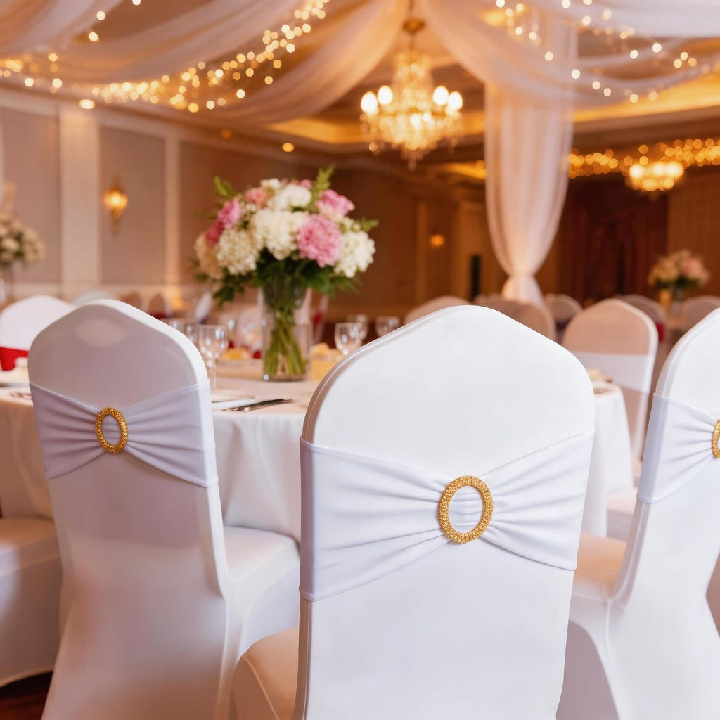 Pack of 50 Spandex White Chair Sashes with Gold Buckles, Stretch Chairs Sashes for Wedding Party Baby Shower Ceremony Event Decorations Chair Bands Bows (White Sashes, Gold Buckles)