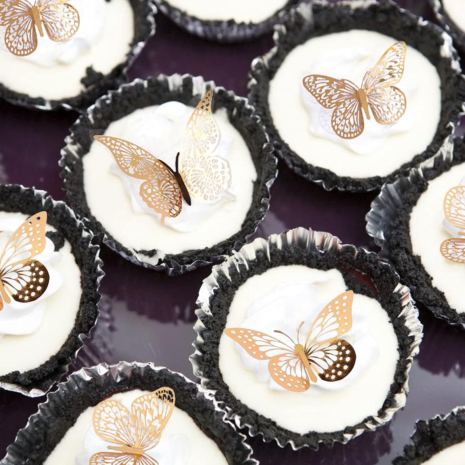 VEGCOO 48PCS Gold 3D Butterfly Cupcake Toppers, Hollow Buterfly Party Cake Decoration Butterfly Stickers for Birthday Wedding Party/Wall Decoration