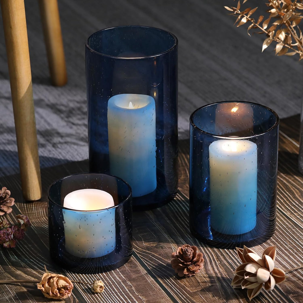 Large Hurricane Candle Holder Set of 3 Blue Candle Holders for Pillar Candles, Seeded Bubbles Glass Candle Holder, Blue Glass Cylinder Vases for Table Centerpieces, Home, Patio and Wedding 10"7"4"H