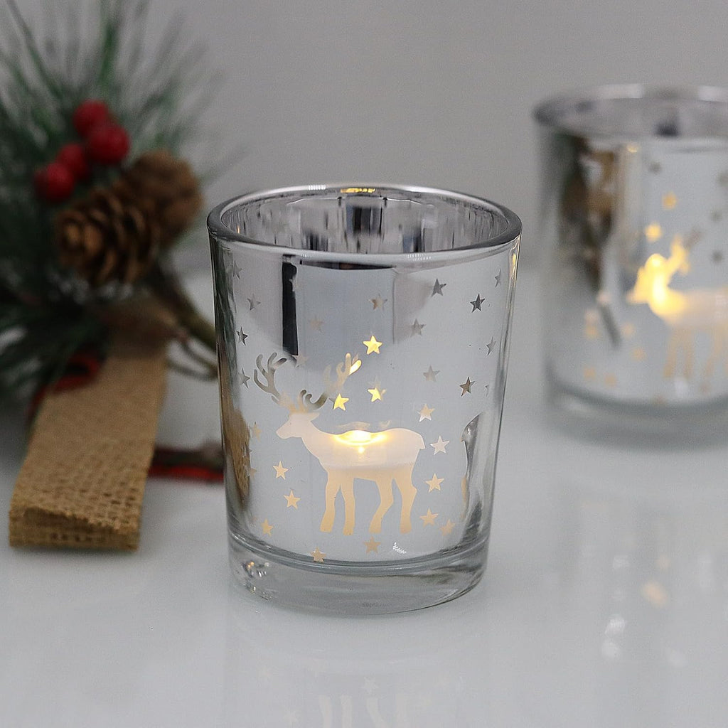Silver Votive Tealight Candle Holders 12PCS Christmas Candle Holders with Carved Reindeer for Xmas Table Centerpiece Decoration