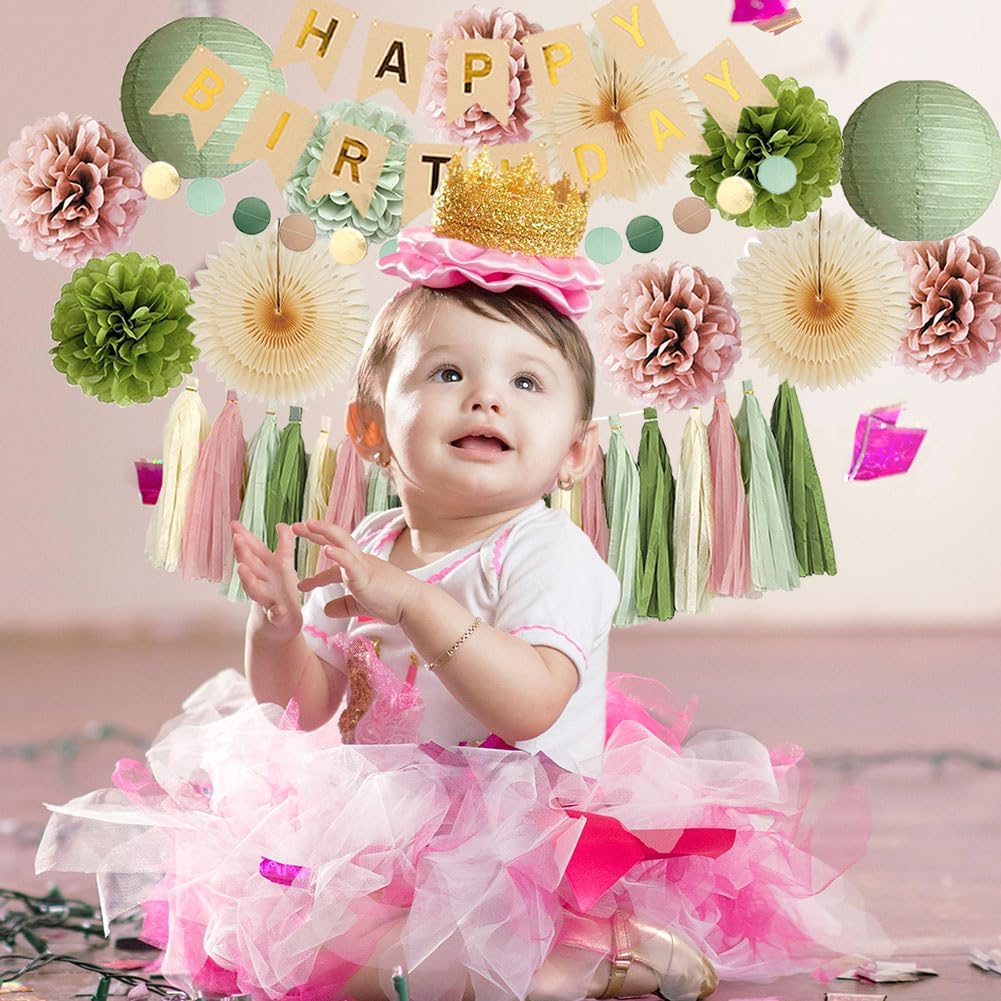 Olive Green and Pink Birthday Decorations Sage Green and Dusty Pink Birthday Decorations Dusty Rose Pom Poms Boho Sage Green Birthday Party Decorations with Green Pink Tassel Garland for Women Girls