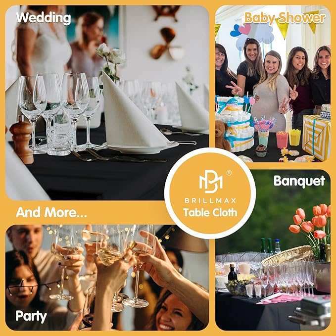 BRILLMAX 6 Pack Black Tablecloths for 6 Foot Rectangle Tables 90 x 132 Inch - 6ft Rectangular Bulk Linen Polyester Fabric Washable Cloth Cover for Wedding Reception Banquet Birthday Party