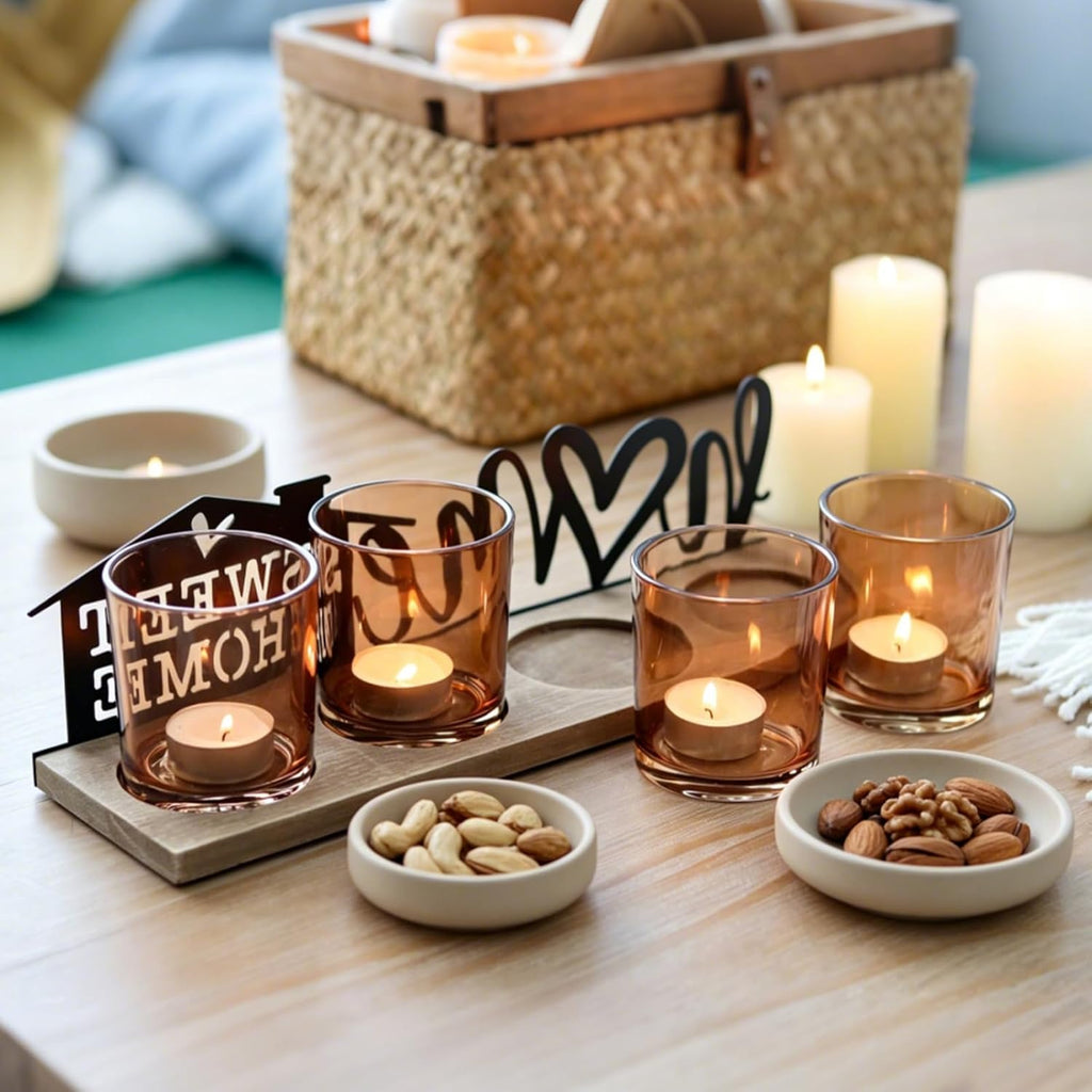 Amber Glass Candle Holder with Farmhouse Wood Tray, Sweet Home Tealight Holder Centerpiece for Dining Table, Rustic Metal Sign Votive Tray for Fireplace Mantel Living Room Decor Housewarming Gift