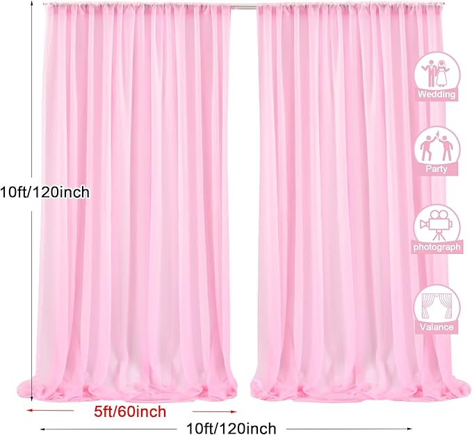 PARTISKY 10x10ft Pink Chiffon Sheer Backdrop Curtains, Wrinkle-Free Wedding Backdrop Drapes for Birthday Party Ceremony Arch Stage Decor Background for Photography 5x10ft,2 Panels