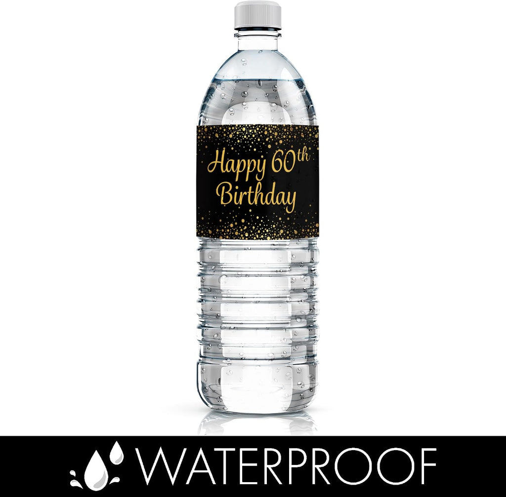 Black and Gold 60th Birthday Party Water Bottle Labels - 20 Stickers, 60th Birthday Decorations