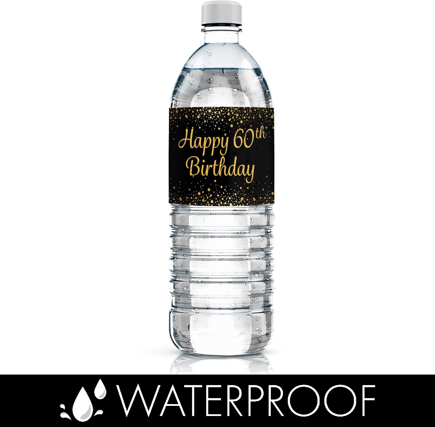 Black and Gold 60th Birthday Party Water Bottle Labels - 20 Stickers, 60th Birthday Decorations