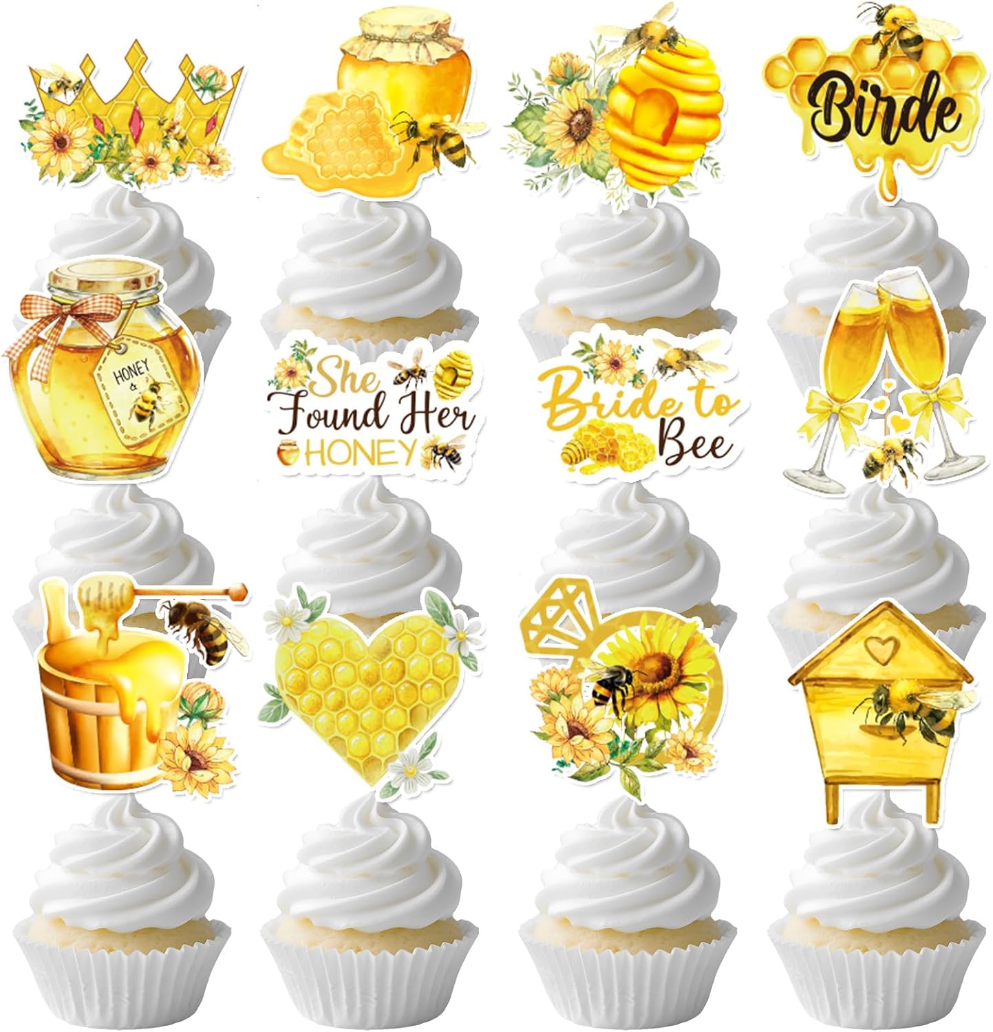 Wxiben She Found Her Honey Bridal Shower Decor, 24PCS Honey Bride to Bee Cupcake Toppers Party Decorations, Bee Bridal Shower Decoration for Engagement Wedding Bachelorette Supplies