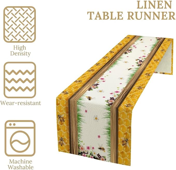 Watercolor Honeycomb Table Runner, Farmhouse Spring Summer Autumn Fall Floral Daisy Bee Print Kitchen Dining Table Decoration for Home Party Decor, 13x120inch