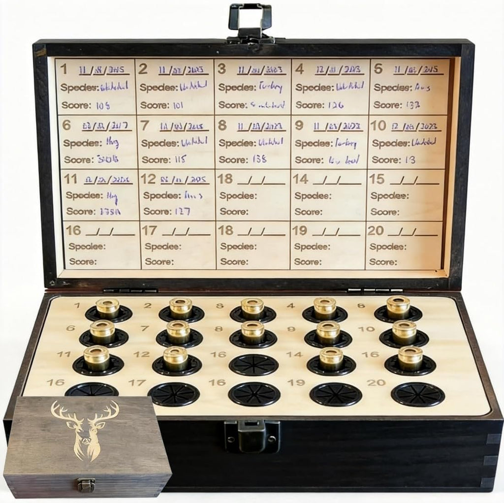 Hunting Memory Box - The Hunter’s Legacy Wooden Keepsake Box with Shell Slots, Notes Chart & Hidden Layer for Storing Deer Hunting Tags, Photos & Keepsakes (Black)