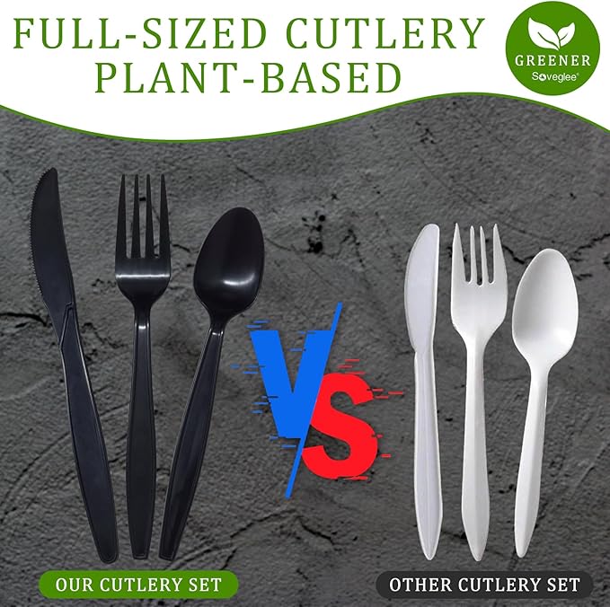 150 Count Black Compostable Silverware, Compostable Utensils, Disposable Silverware Plastic 50 Forks 50 Spoons 50 Knives, Non Plastic Utensils, Eco Friendly Utensils for Party Office Wedding